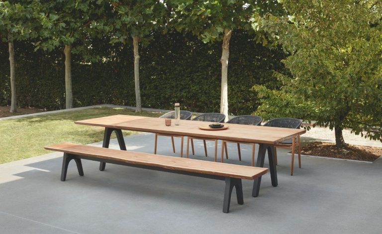 Diphano-Pure-Teak-Bench-and-Table-with-a-Black-frame-photographed-with-Sprit-Dining-Armchair