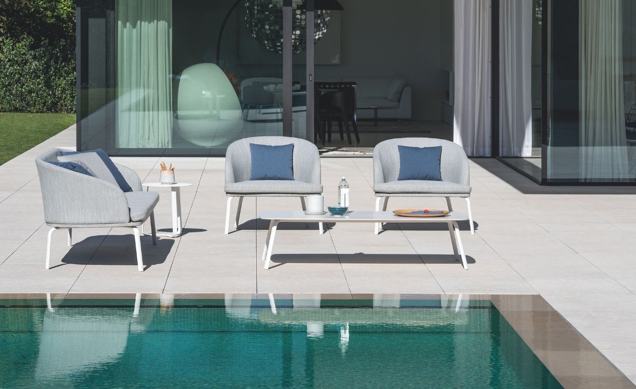 Diphano Outdoor Random Lounge Chair with White PCA Frame and Savanne (Light Grey) Fabric by the pool - Danish Design Co Singapore