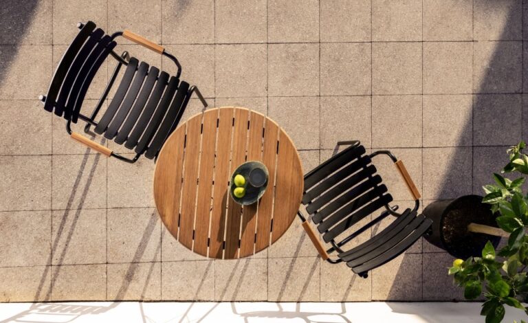 Houe Reclips Outdoor Dining Chair in Black and Bamboo Armrests