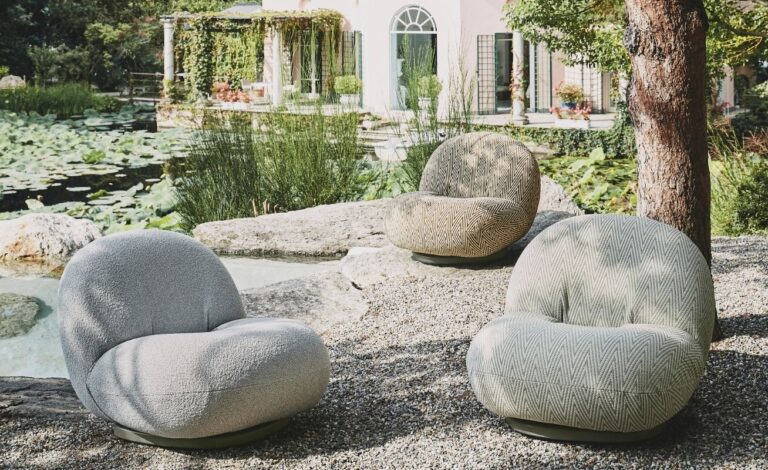 Gubi Pacha Outdoor Lounge Chair without armrests with swivel base