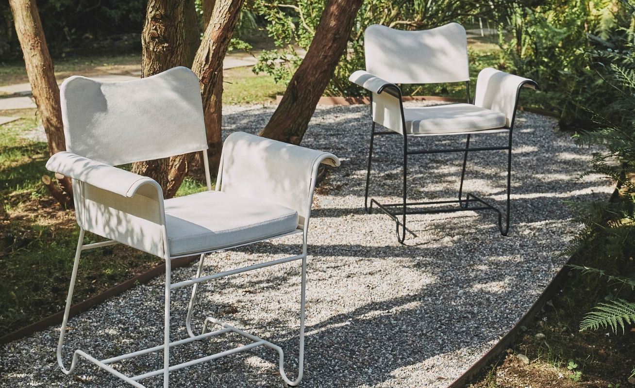 Gubi Tropique Outdoor Dining Chair with fringes in Classic White Semi Matt and Classic Black Base