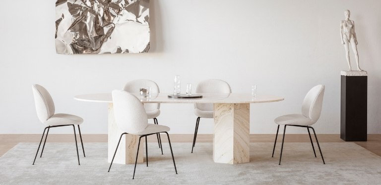 Epic marble dining table and beetle chairs by Gubi